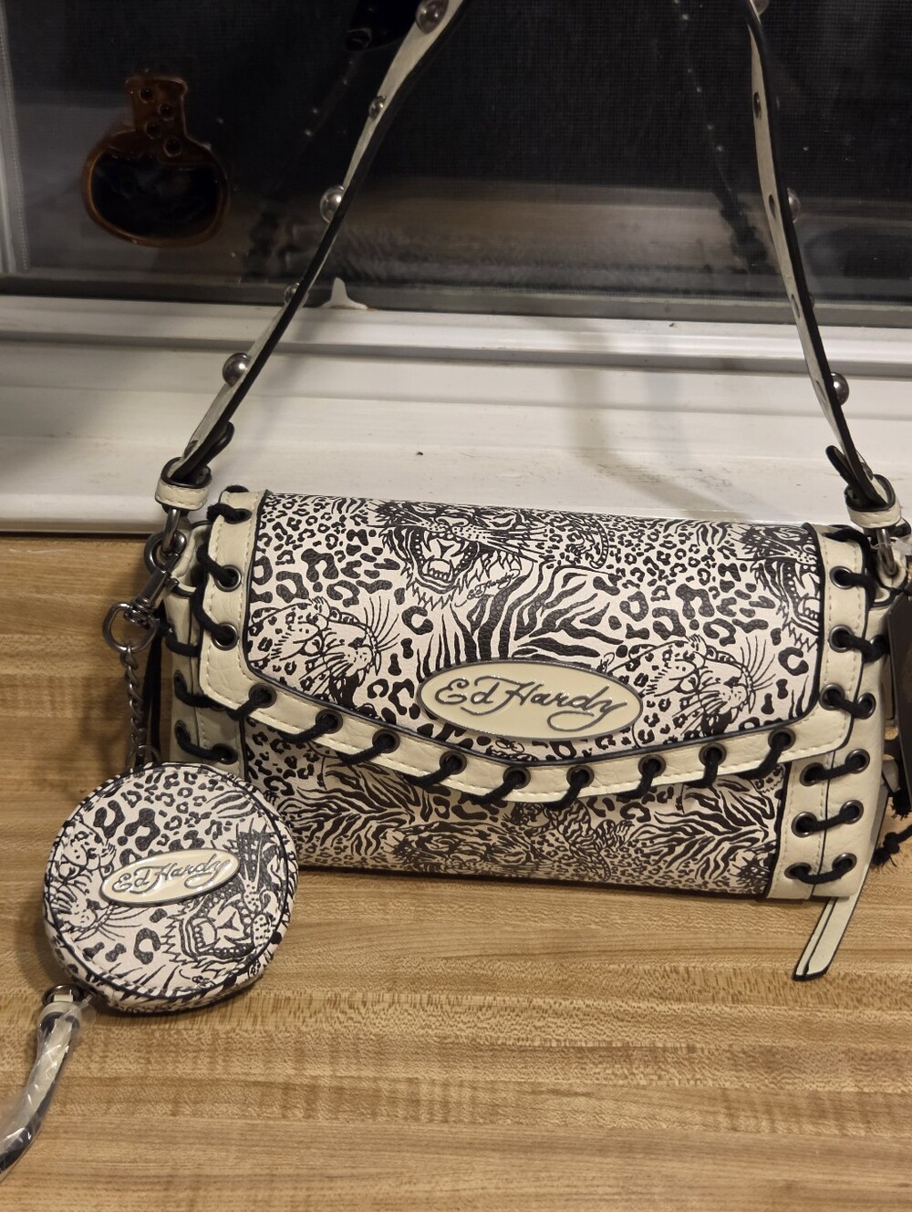 Ed Hardy NWT Unique Animal Print Stitched Shoulder Bag & Coin Pouch